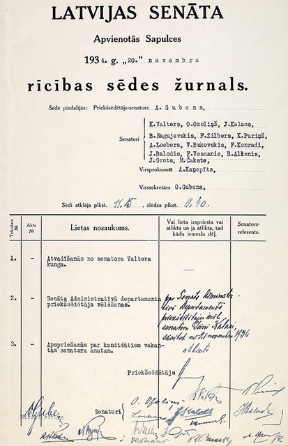Protokols no Senāta Apvienotās sapulces 1934. gada 20. novembra rīcības sēdes, kurā Jānis Kalacs ievēlēts par Senāta Administratīvā departamenta priekšsēdētāju. LNA LVVA
