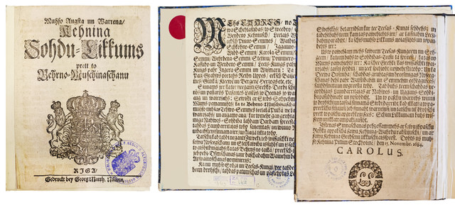 Senākais līdz mūsdienām saglabātais iespiestais likuma teksts latviešu valodā – Kārļa XI izdotais patents “Mūsu augsta un varena ķēniņa sodu likums pret to bērnu mušināšanu” (1684) – nosaka sodus par jaundzimuša ārlaulības bērna nogalināšanu. LU Akadēmiskajā bibliotēkā glabājas arī šis pats likums vācu valodā, kas tulkotājam acīmredzot kalpojis par starpnieku starp zviedru un latviešu valodu
