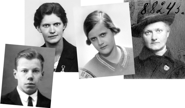 Balduina fon Disterlo ģimenes locekļi Latvijas Valsts vēstures arhīvā saglabātajās 20. gadsimta 20.–30. gadu pasu fotogrāfijās (no kreisās): dēls Georgs, meitas Verena un Karina, sieva Johanna