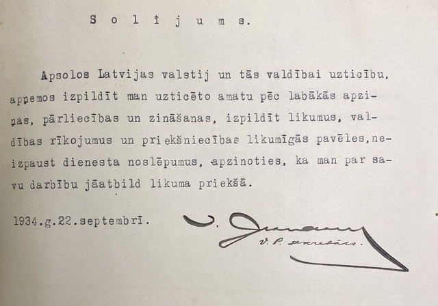 Jāņa Grandaua parakstīts solījums pēc Kārļa Ulmaņa veiktā valsts apvērsuma, datēts ar 1934. gada 22. septembriLVVA